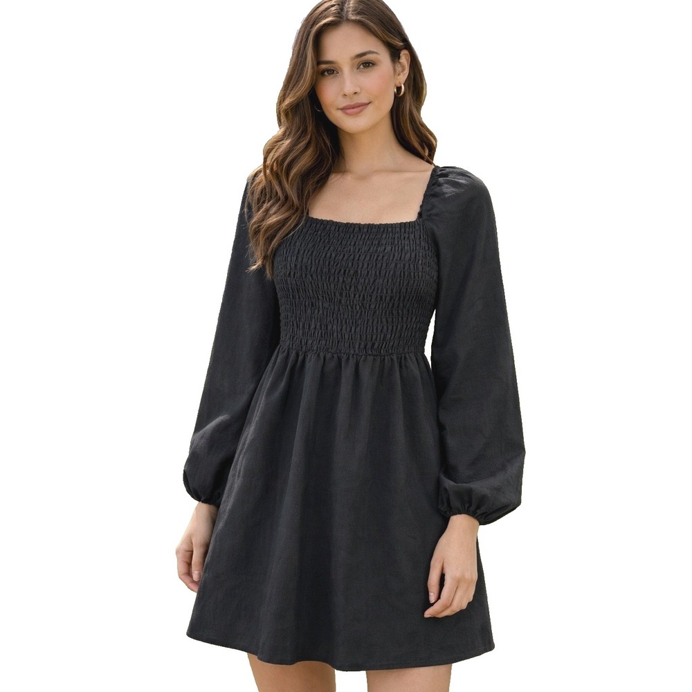 H&M Small Black Smocked Mini Dress Long Puff Sleeve Square Neck Cottagecore NWT